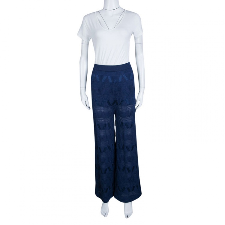 Pre Owned M Missoni Navy Blue Perforated Knit Wide Leg Pants M
