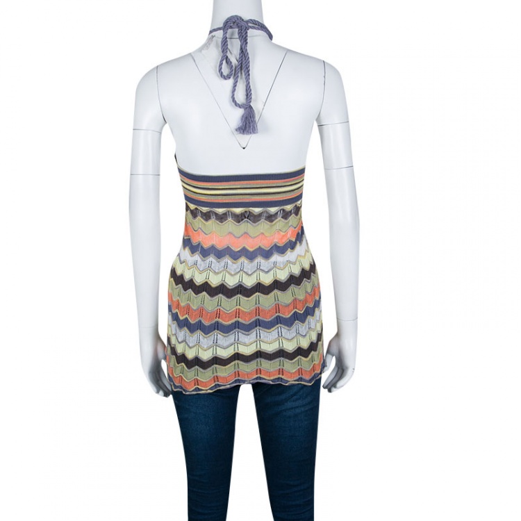 Pre Owned M Missoni Multicolor Patterned Perforated Knit Rope Tie Detail Halter Top S