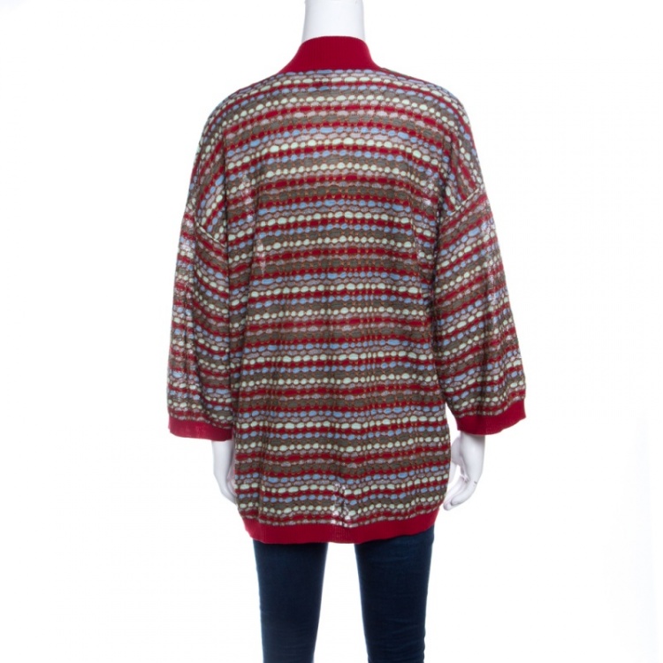 Pre Owned M Missoni Multicolor Knit Contrast Rib Trim Open Front Cardigan L