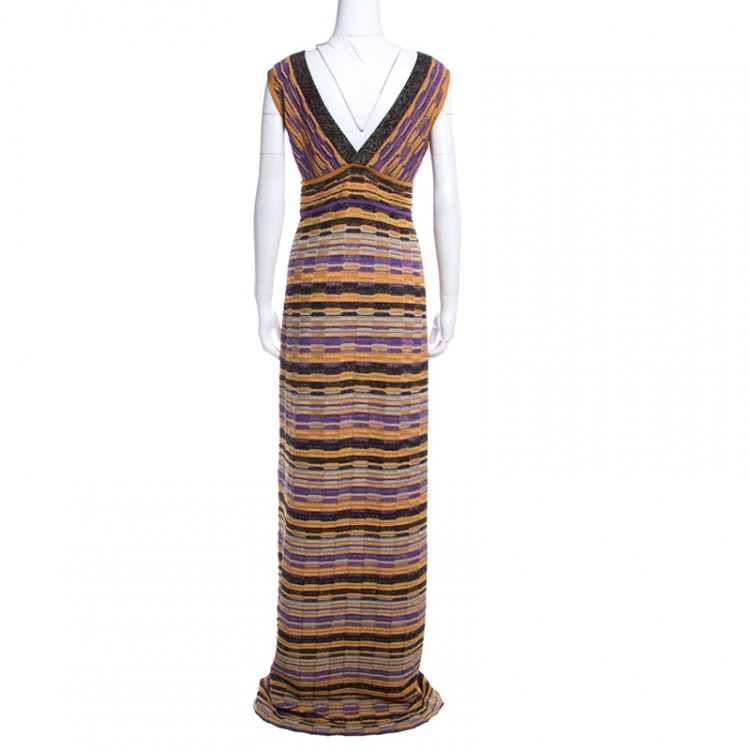 Pre Owned M Missoni Multicolor Lurex Patterned Knit Plunge Neck Maxi Dress M