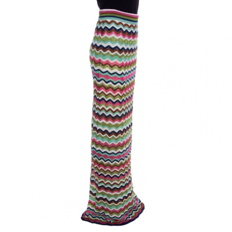Pre Owned M Missoni Multicolor Wave Pattern Perforated Knit Maxi Skirt M