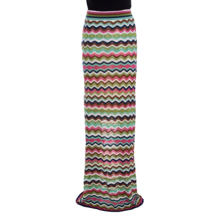 Pre Owned M Missoni Multicolor Wave Pattern Perforated Knit Maxi Skirt M