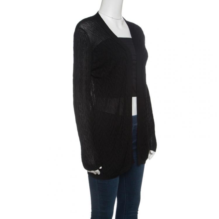 Pre Owned M Missoni Black Chevron Pattern Rib Trim Open Front Cardigan M