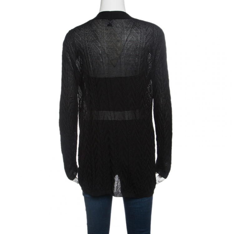 Pre Owned M Missoni Black Chevron Pattern Rib Trim Open Front Cardigan M