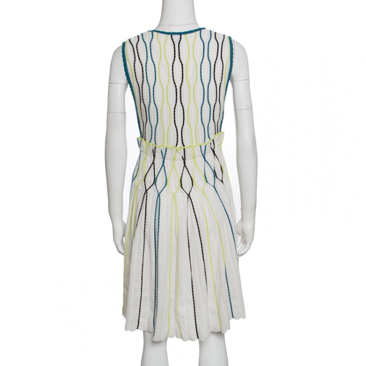 مملوكة مسبقًا M Missoni White Rib Knit Contrast Piping Detail Sleeveless Pleated Dress M