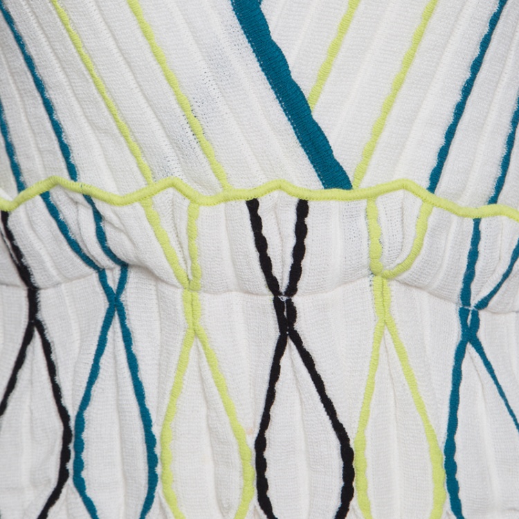 مملوكة مسبقًا M Missoni White Rib Knit Contrast Piping Detail Sleeveless Pleated Dress M
