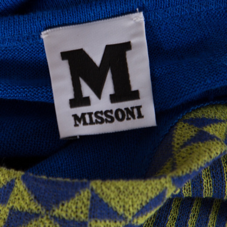 Pre Owned M Missoni Blue Knit Contrast Geometric Pattern Bodice Detail Short Sleeve Dress S