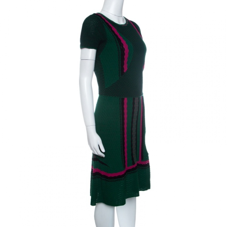 Pre Owned M Missoni Green Textured Patterned Knit Flared Bottom Dress M