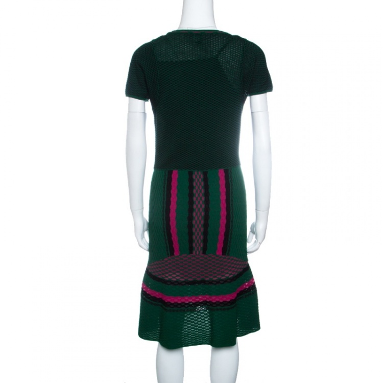 Pre Owned M Missoni Green Textured Patterned Knit Flared Bottom Dress M