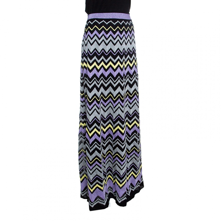 Pre Owned M Missoni Multicolor Chevron Pattern Lurex Knit Maxi Skirt M
