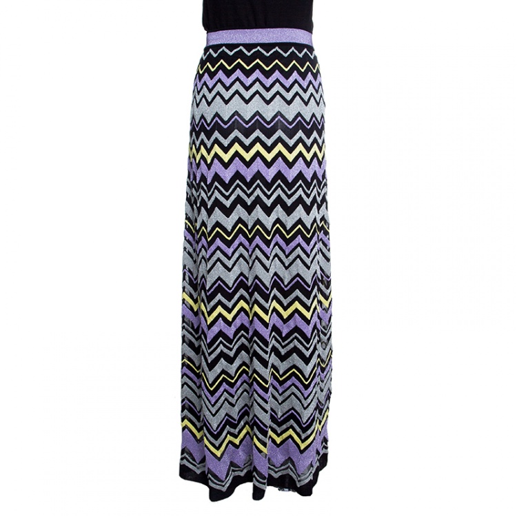 Pre Owned M Missoni Multicolor Chevron Pattern Lurex Knit Maxi Skirt M