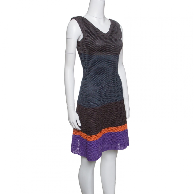 Pre Owned M Missoni Metallic Striped Colorblock Perforated Knit Fit and Flare Dress S