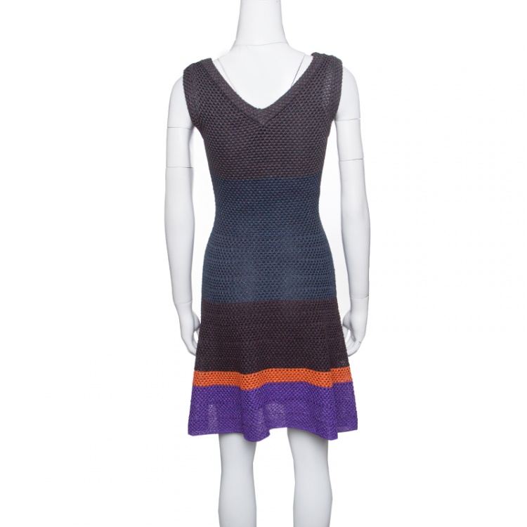 Pre Owned M Missoni Metallic Striped Colorblock Perforated Knit Fit and Flare Dress S