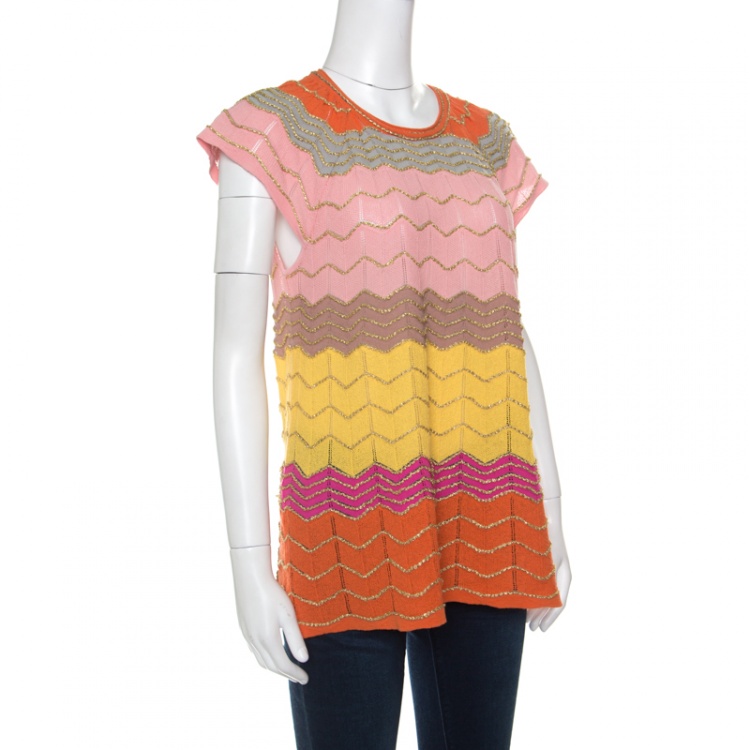 Pre Owned M Missoni Multicolor Perforated Lurex Knit Chevron Pattern Cap Sleeve Top L