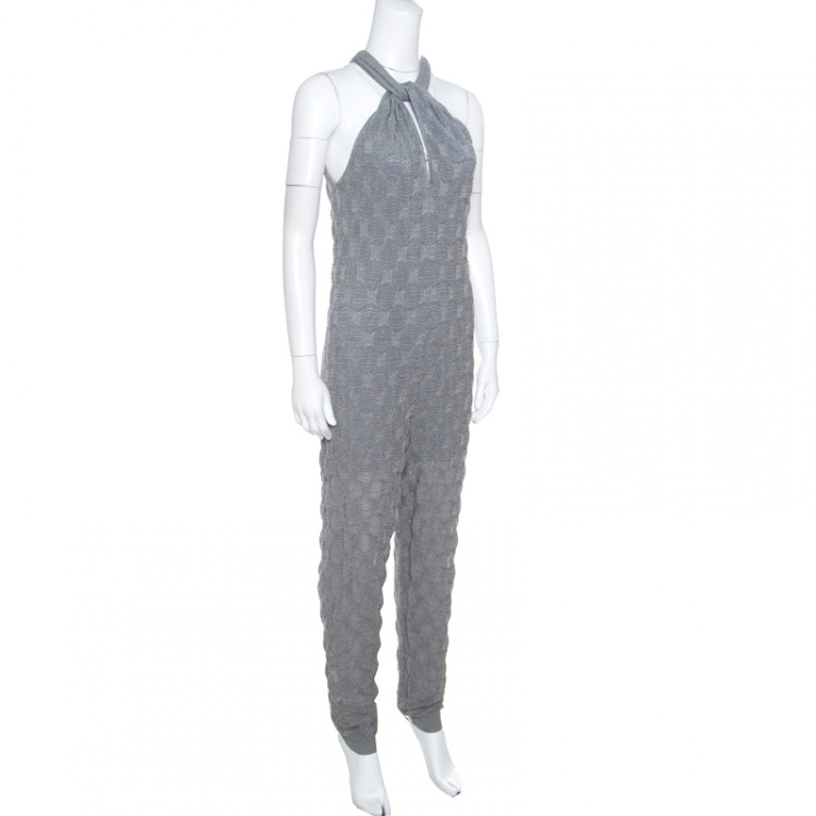 Pre Owned M Missoni Grey Lurex Patterned Knit Twist Neck Strap Detail Jumpsuit S