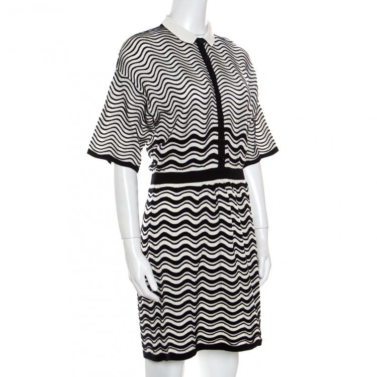 Pre Owned M Missoni Monochrome Wave Patterned Knit Collared Short Sleeve Dress M