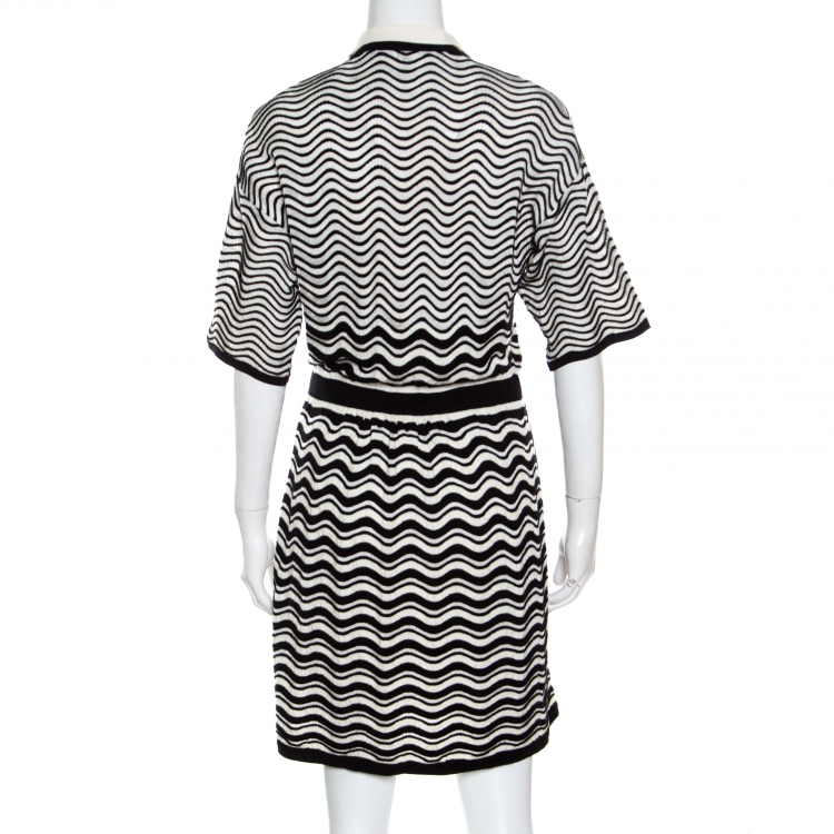 Pre Owned M Missoni Monochrome Wave Patterned Knit Collared Short Sleeve Dress M