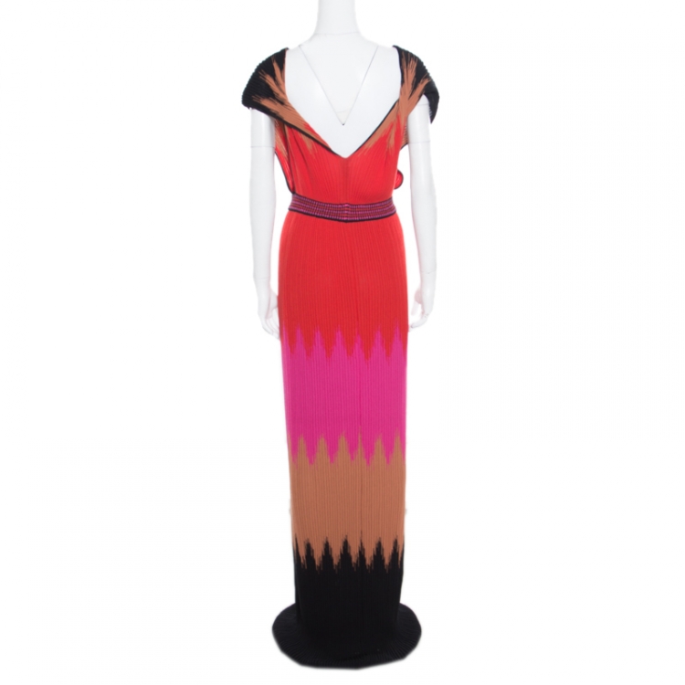 Pre Owned M Missoni Multicolor Pleated Knit Plunge Neck Maxi Dress S