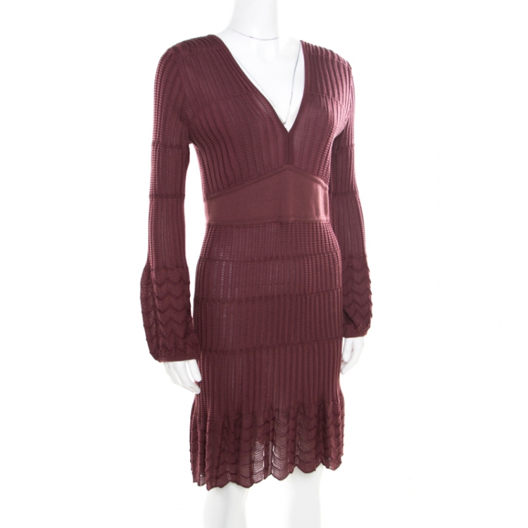 مملوكة مسبقًا M Missoni Burgundy Perforated Rib Knit Long Sleeve V Neck Dress M