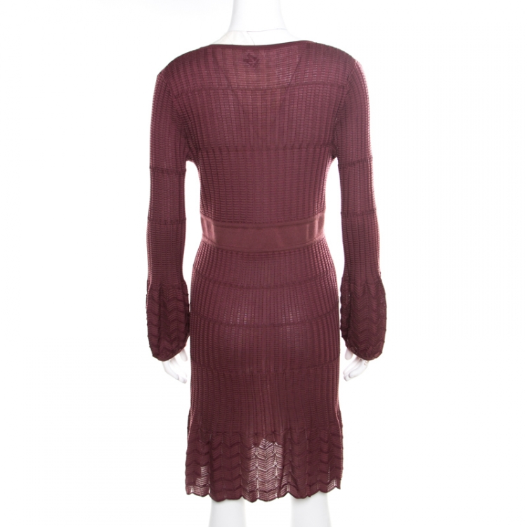 مملوكة مسبقًا M Missoni Burgundy Perforated Rib Knit Long Sleeve V Neck Dress M