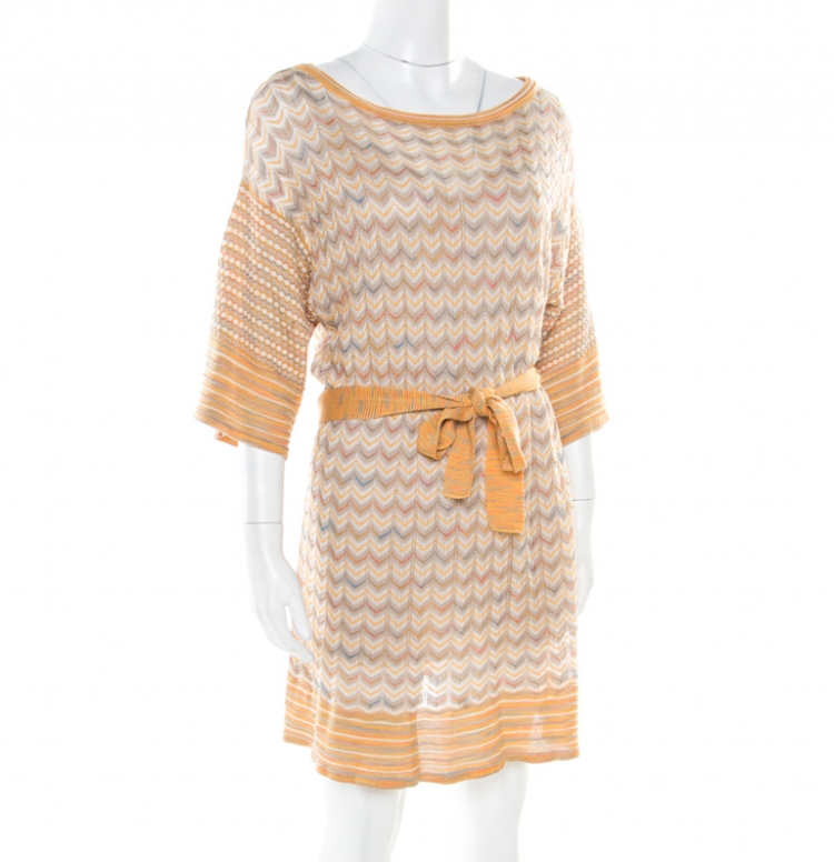 مملوكة مسبقًا M Missoni Multicolor Patterned Perfroated Knit Boat Neck Belted Dress M