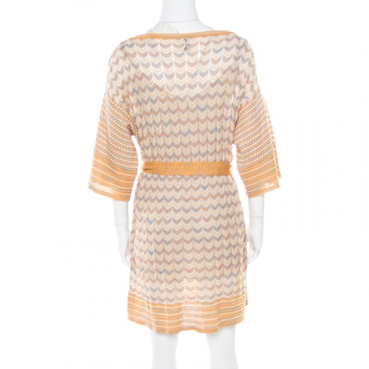 مملوكة مسبقًا M Missoni Multicolor Patterned Perfroated Knit Boat Neck Belted Dress M