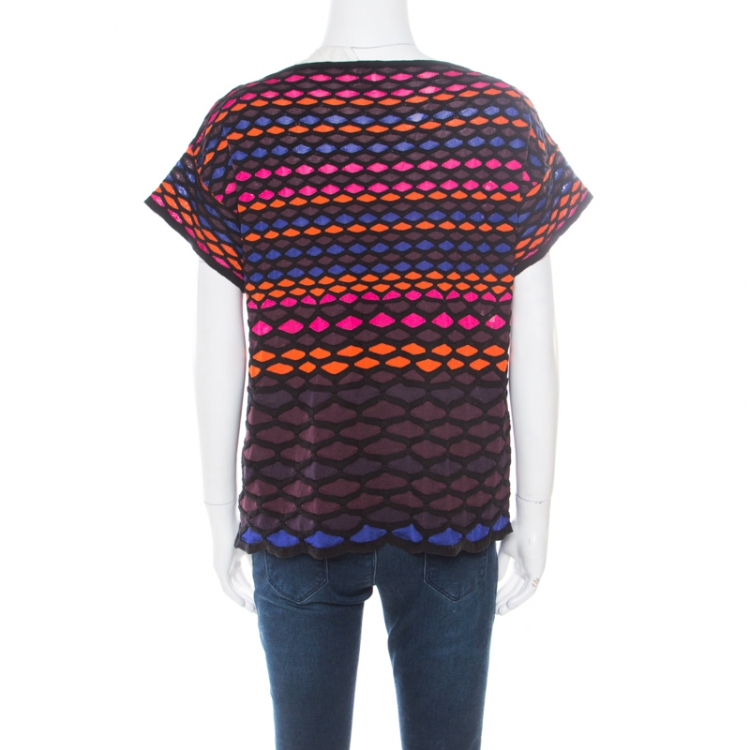 مملوكة مسبقًا M Missoni Multicolor Fishscale Pattern Textured Knit Short Sleeve Top M