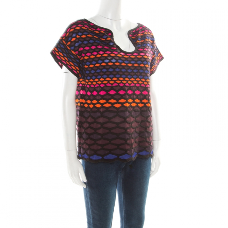 مملوكة مسبقًا M Missoni Multicolor Fishscale Pattern Textured Knit Short Sleeve Top M