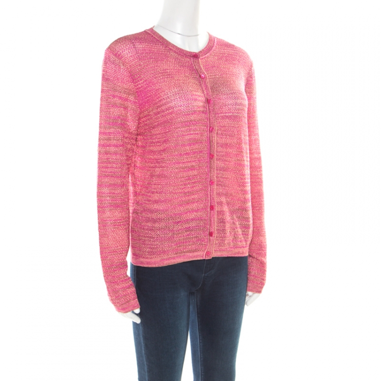 مملوكة مسبقًا M Missoni Fuchsia Pink Lurex Knit Button Front Cardigan L