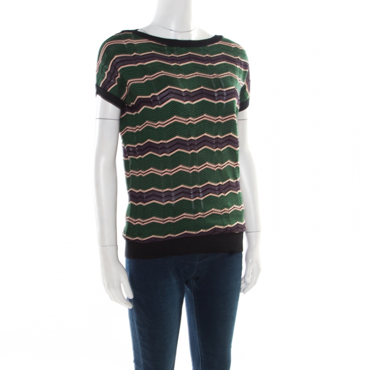 Pre Owned M Missoni Multicolor Chevron Patterned Knit Contrast Ribbed Trim Top M