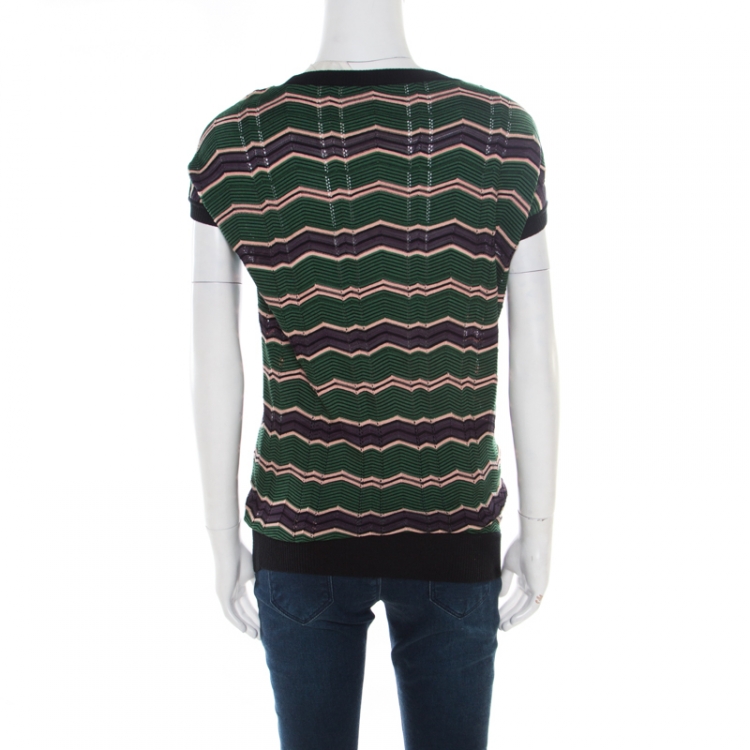 Pre Owned M Missoni Multicolor Chevron Patterned Knit Contrast Ribbed Trim Top M