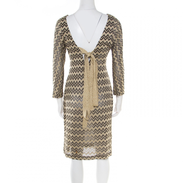 مملوكة مسبقًا M Missoni Gold Chevron Patterned Lurex Knit Scoop Back Tie Detail Dress M