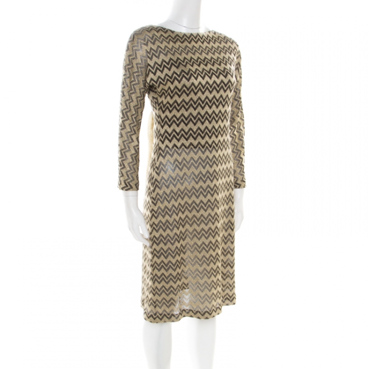 مملوكة مسبقًا M Missoni Gold Chevron Patterned Lurex Knit Scoop Back Tie Detail Dress M