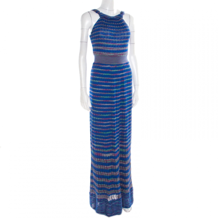 Pre Owned M Missoni Blue Patterned Knit Twist Neck Detail Maxi Dress S