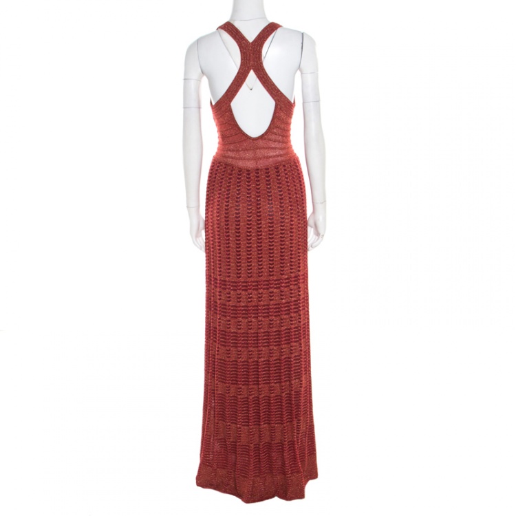 Pre Owned M Missoni Red Lurex Perforated Knit Cutout Back Detail Maxi Dress S