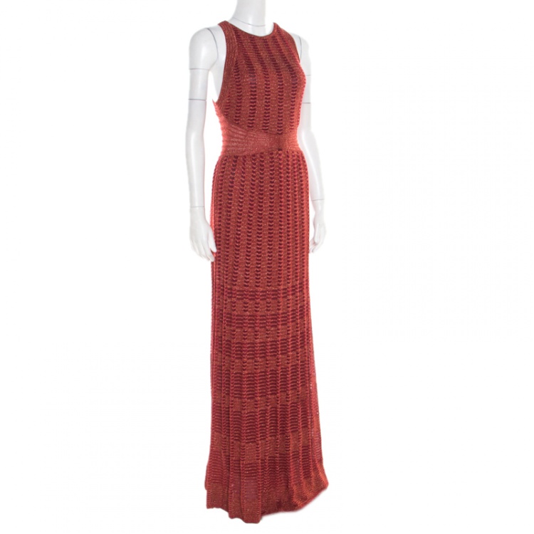 Pre Owned M Missoni Red Lurex Perforated Knit Cutout Back Detail Maxi Dress S
