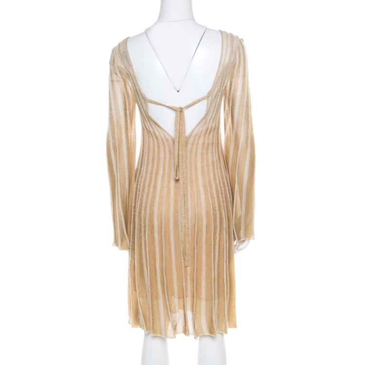 مملوكة مسبقًا M Missoni Metallic Gold Perforated Knit Back Tie Detail Dress M