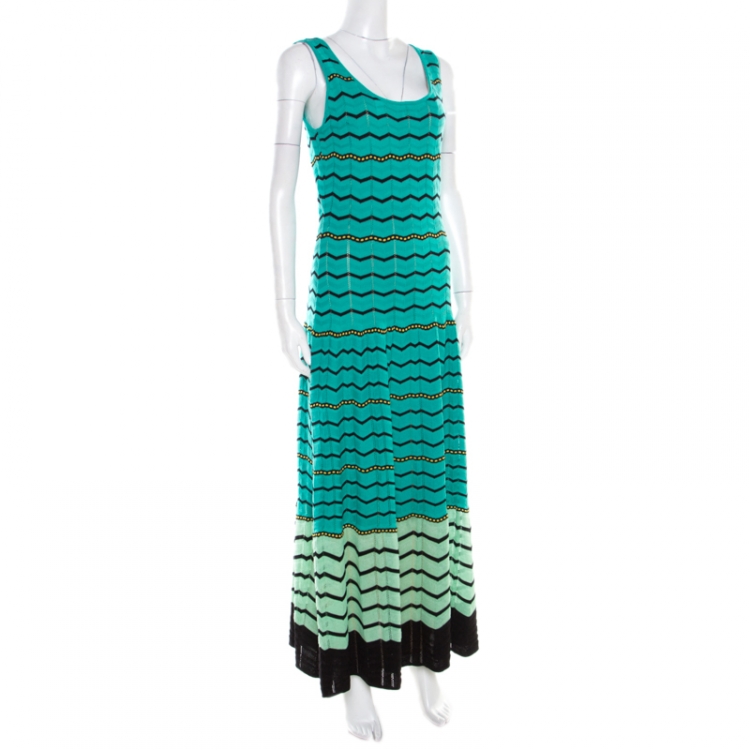 Pre Owned M Missoni Green Chevron Patterned Perforated Knit Sleeveless Maxi Dress M