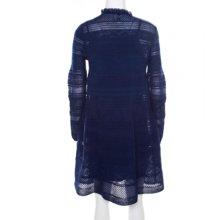 Pre Owned M Missoni Blue Textured Jacquard Knit High Neck Shift Knitted Short Dress M