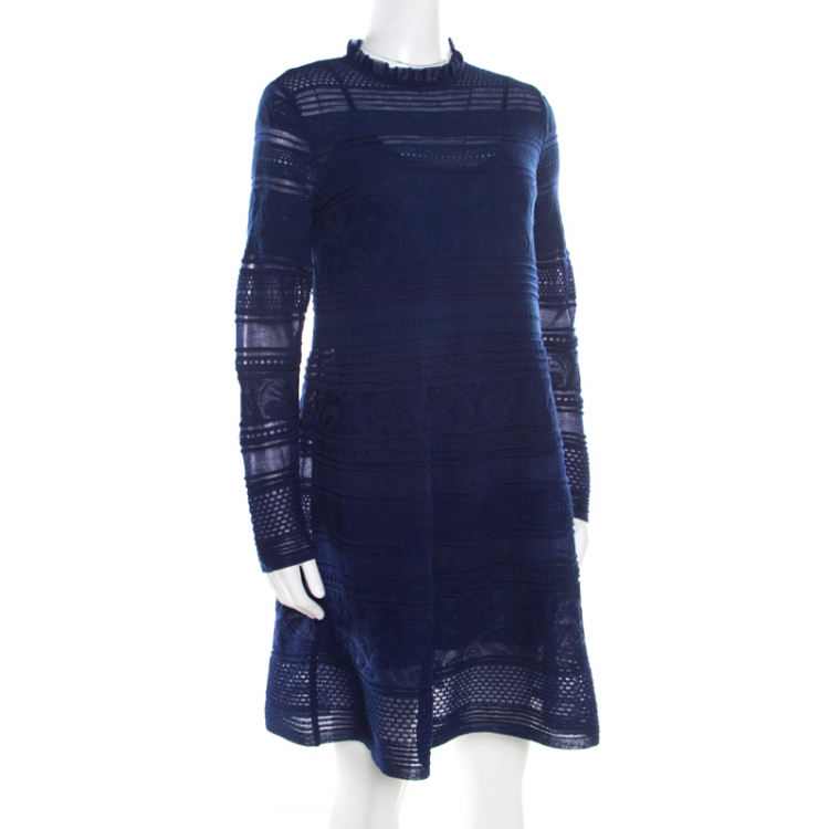 Pre Owned M Missoni Blue Textured Jacquard Knit High Neck Shift Knitted Short Dress M