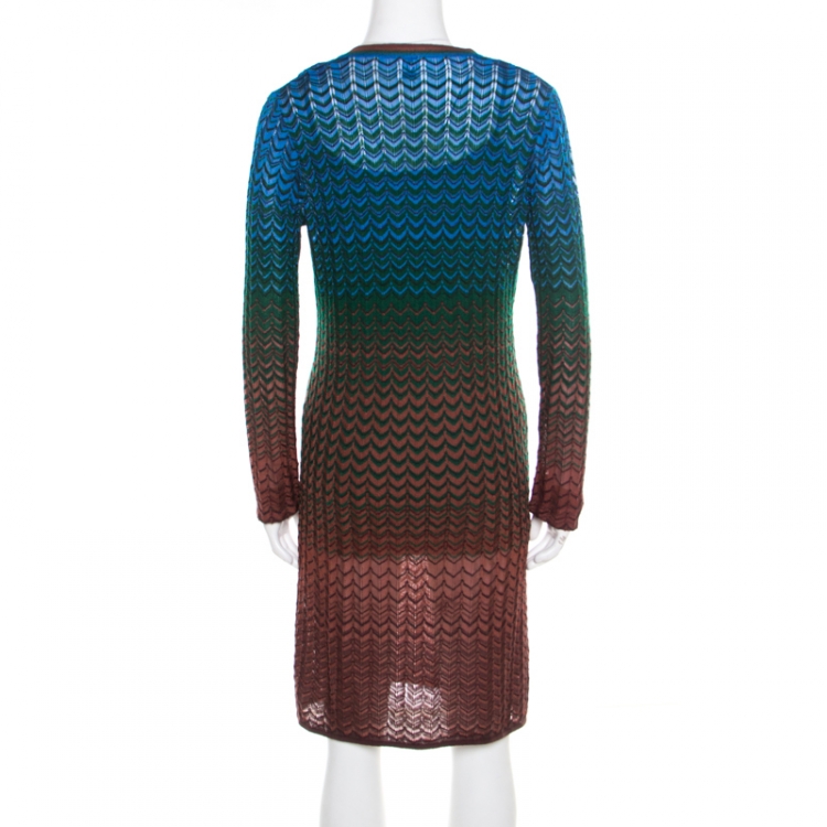 Pre Owned M Missoni Multicolor Perforated Knit Chevron Pattern V-Neck Dress M