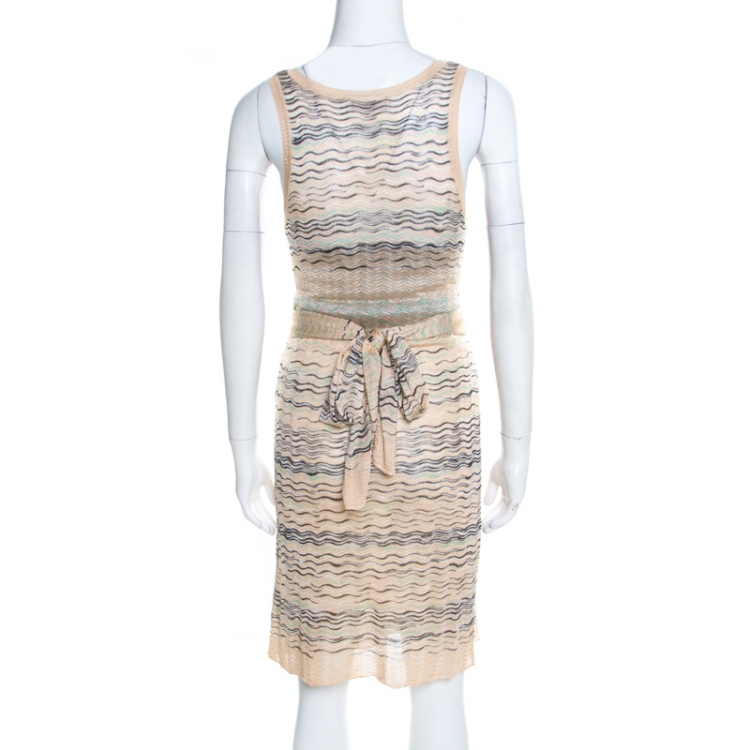 Pre Owned M Missoni Beige Wave Pattern Perforated Knit Wait Tie Detail Sleeveless Dress M