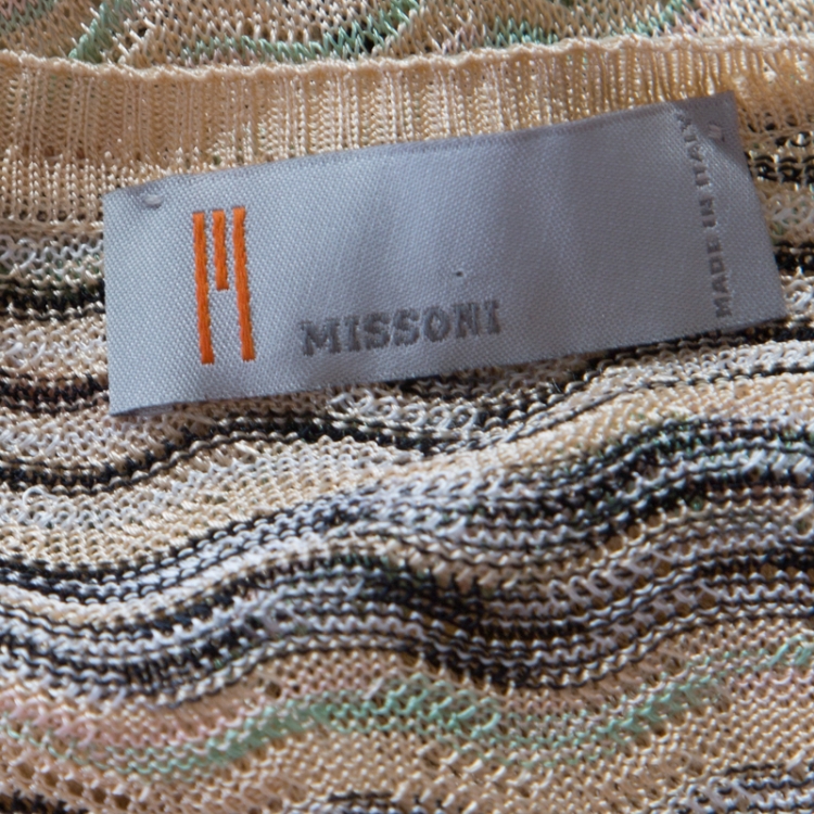Pre Owned M Missoni Beige Wave Pattern Perforated Knit Wait Tie Detail Sleeveless Dress M