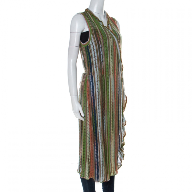 Pre Owned M Missoni Multicolor Crochet Knit Lurex Detail Ruffle Trim Front Tie Sleeveless Cardigan L