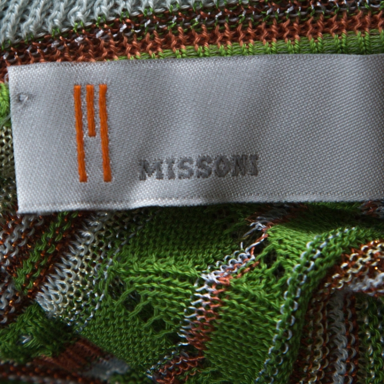 Pre Owned M Missoni Multicolor Crochet Knit Lurex Detail Ruffle Trim Front Tie Sleeveless Cardigan L