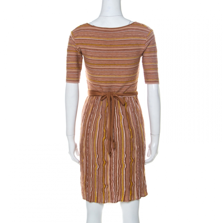 Pre Owned M Missoni Brown Striped Knit Scoop Neck Short Sleeve Dress M