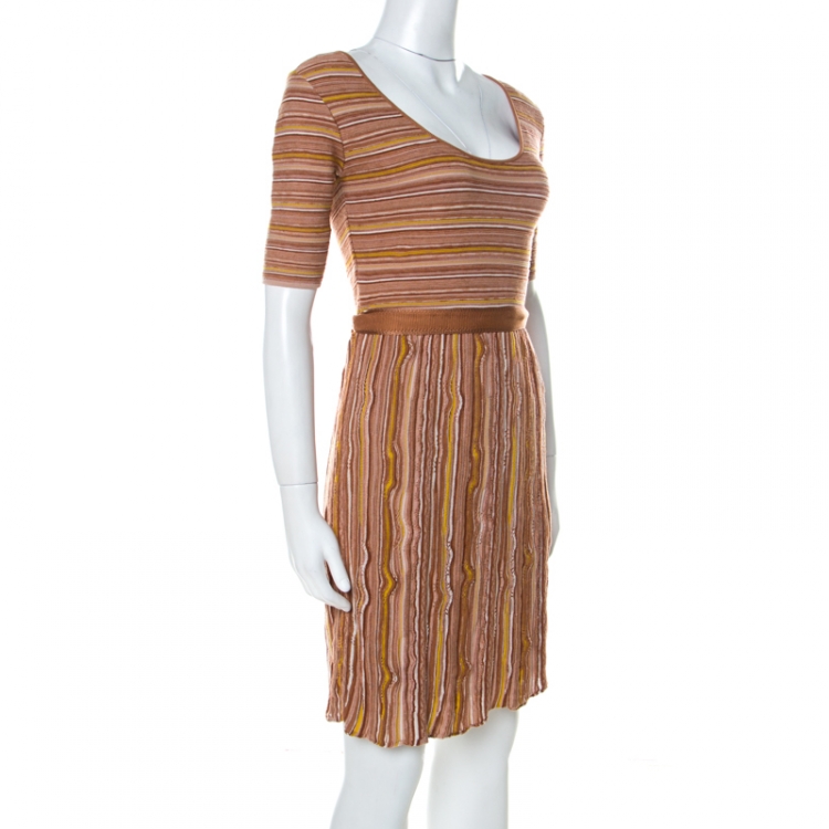 Pre Owned M Missoni Brown Striped Knit Scoop Neck Short Sleeve Dress M