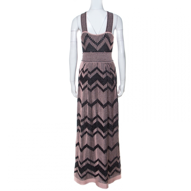 مملوكة مسبقًا M Missoni Pale Pink and Black Chevron Pattern Lurex Knit Maxi Dress M