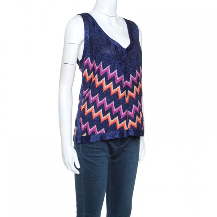 Pre Owned M Missoni Multicolor Chevron Lurex Knit Sleeveless Top L