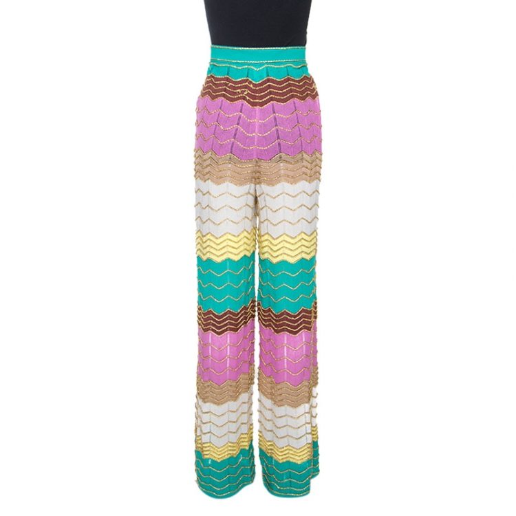 Pre Owned M Missoni Multicolor Lurex Pointelle Knit Wide Leg Pants L